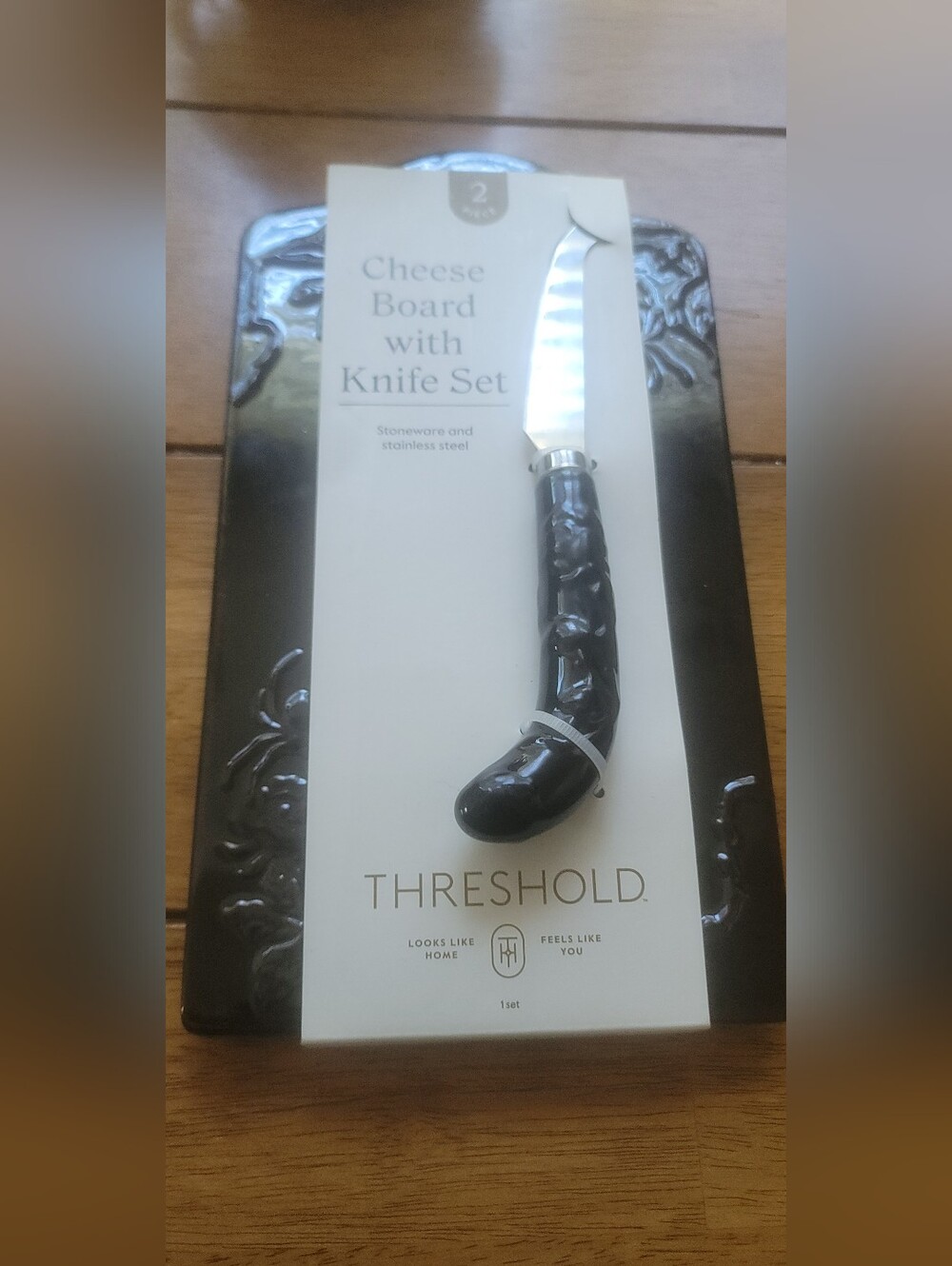 Threshold Black Stoneware Cheese Board with Matching Knife